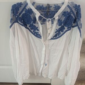 Anthropologie White Blouse with Blue Floral Embroidery